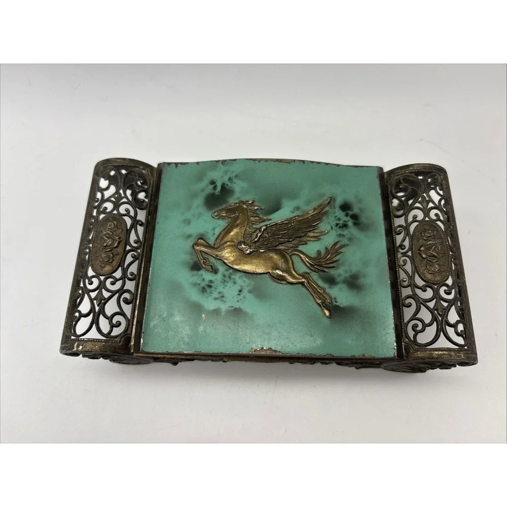 Vintage Japanese Metal Jewelry Trinket Box Red Velvet Lining - Rare